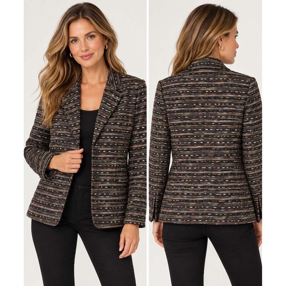 Vintage 90s Carlisle Fiber Artist Woven Banded Tweed Blazer Jacket Womens L 12